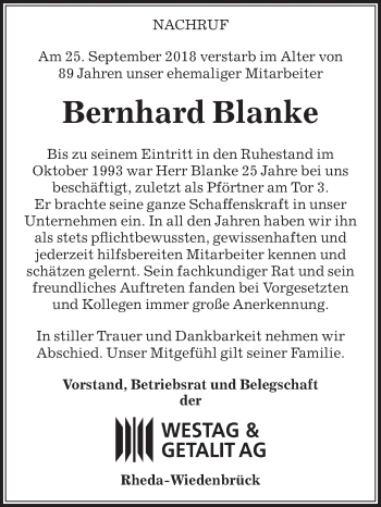 Traueranzeige von Bernhard Blanke von Die Glocke