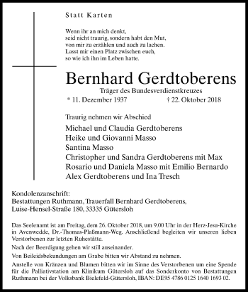 Traueranzeige von Bernhard Gerdtoberens von Die Glocke