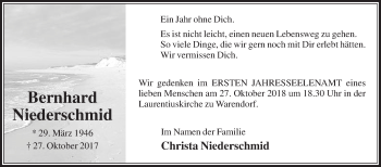 Traueranzeige von Bernhard Niederschmid von Die Glocke