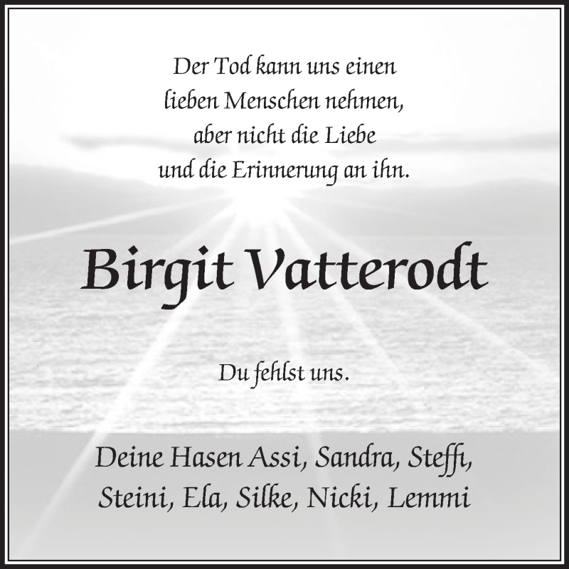  Traueranzeige für Birgit Vatterodt vom 06.10.2018 aus Die Glocke