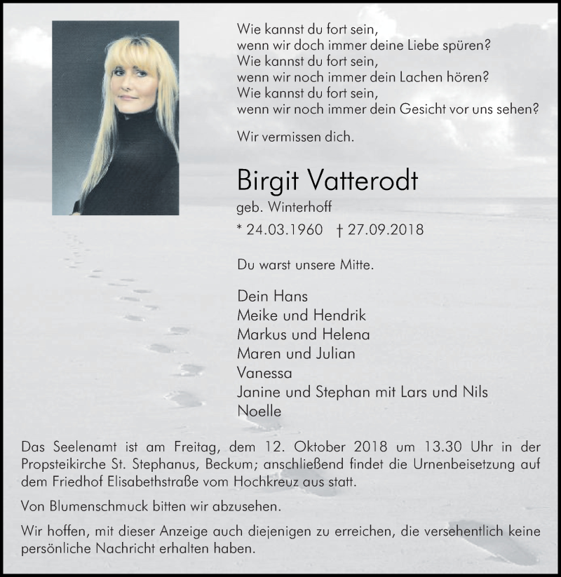  Traueranzeige für Birgit Vatterodt vom 06.10.2018 aus Die Glocke