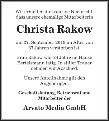 Traueranzeige von Christa Rakow von Die Glocke