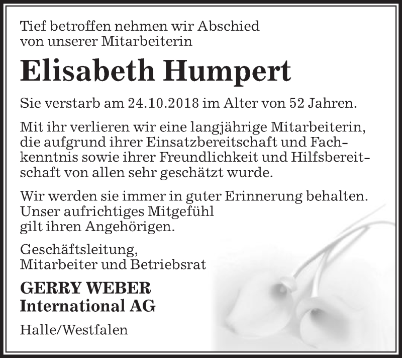  Traueranzeige für Elisabeth Humpert vom 30.10.2018 aus Die Glocke