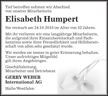 Traueranzeige von Elisabeth Humpert von Die Glocke