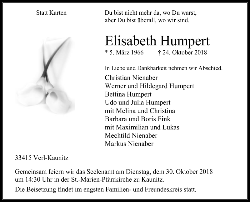  Traueranzeige für Elisabeth Humpert vom 27.10.2018 aus Die Glocke