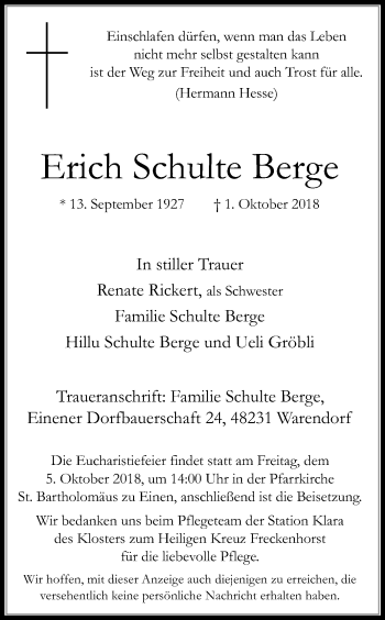 Traueranzeige von Erich Schulte Berge von Die Glocke