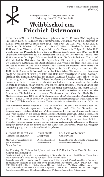 Traueranzeige von Friedrich Ostermann von Die Glocke