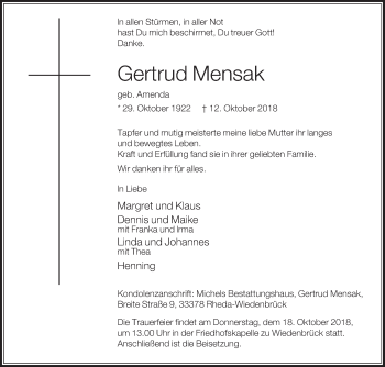 Traueranzeige von Gertrud Mensak von Die Glocke