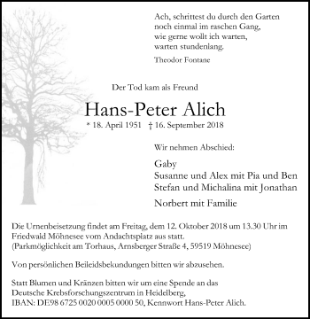 Traueranzeige von Hans-Peter Alich von Die Glocke