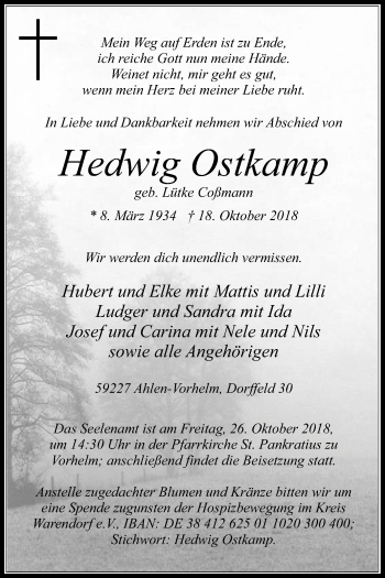 Traueranzeige von Hedwig Ostkamp von Die Glocke