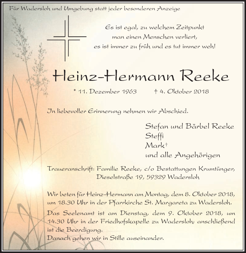  Traueranzeige für Heinz-Hermann Reeke vom 06.10.2018 aus Die Glocke