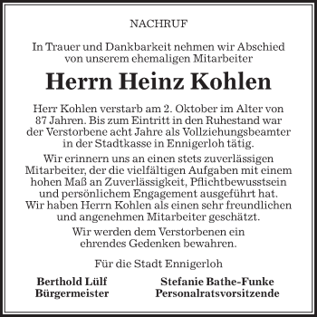 Traueranzeige von Heinz Kohlen von Die Glocke