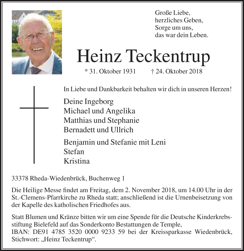  Traueranzeige für Heinz Teckentrup vom 27.10.2018 aus Die Glocke