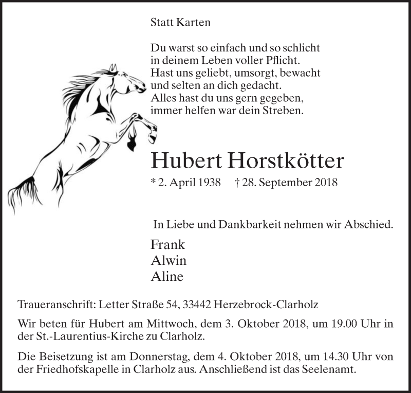  Traueranzeige für Hubert Horstkötter vom 02.10.2018 aus Die Glocke