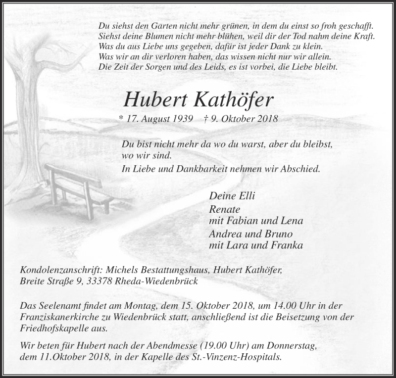  Traueranzeige für Hubert Kathöfer vom 11.10.2018 aus Die Glocke