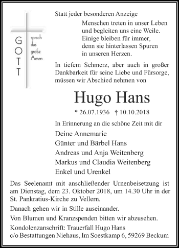 Traueranzeige von Hugo Hans von Die Glocke