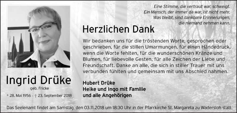  Traueranzeige für Ingrid Drüke vom 27.10.2018 aus Die Glocke