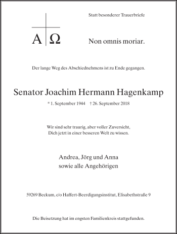 Traueranzeige von Joachim Hermann Hagenkamp von Die Glocke