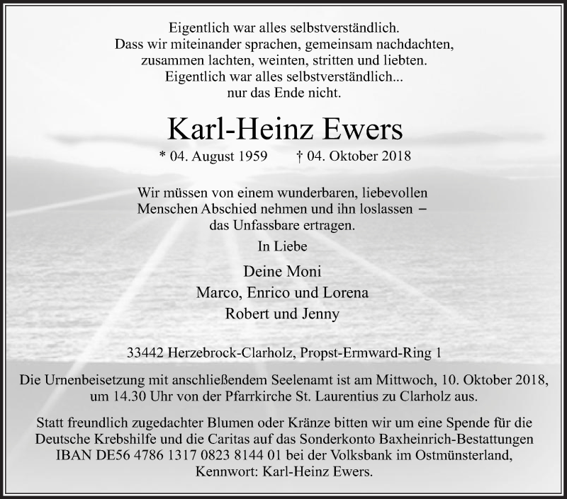  Traueranzeige für Karl-Heinz Ewers vom 06.10.2018 aus Die Glocke