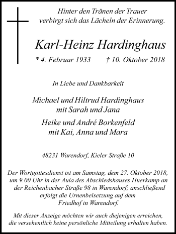 Traueranzeige von Karl-Heinz Hardinghaus von Die Glocke