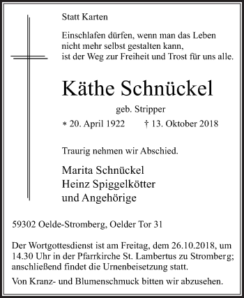 Traueranzeige von Käthe Schnückel von Die Glocke