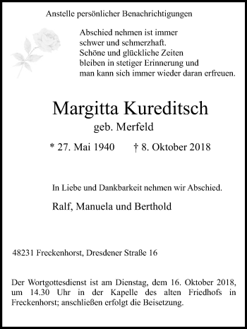 Traueranzeige von Margitta Kureditsch von Die Glocke