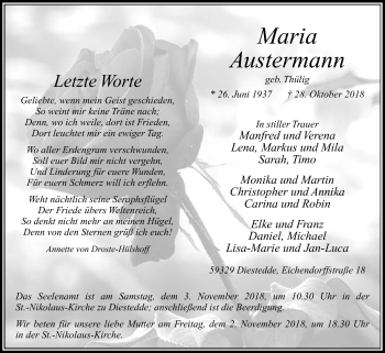Traueranzeige von Maria Austermann von Die Glocke