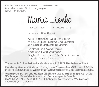 Traueranzeige von Maria Liemke von Die Glocke