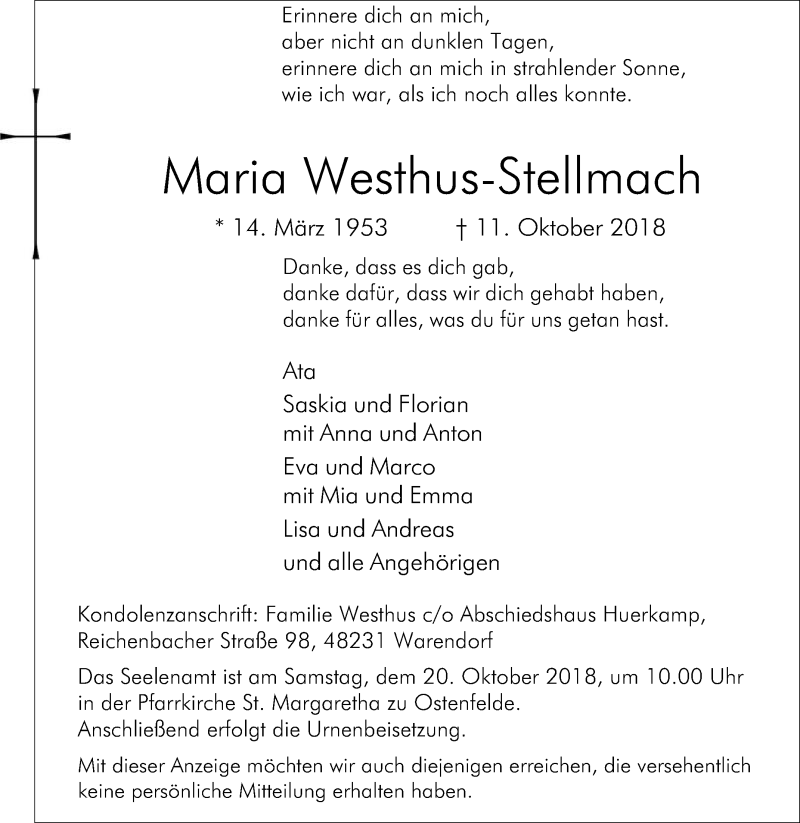  Traueranzeige für Maria Westhus-Stellmach vom 15.10.2018 aus Die Glocke