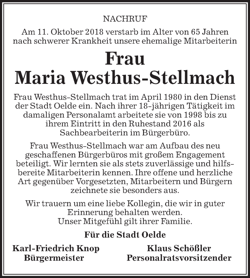  Traueranzeige für Maria Westhus-Stellmach vom 17.10.2018 aus Die Glocke