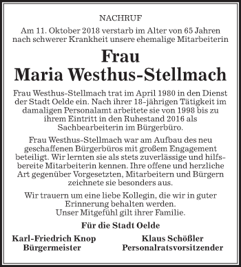 Traueranzeige von Maria Westhus-Stellmach von Die Glocke