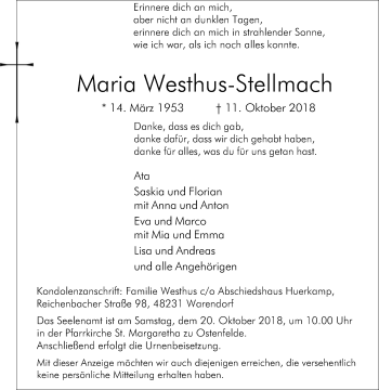 Traueranzeige von Maria Westhus-Stellmach von Die Glocke