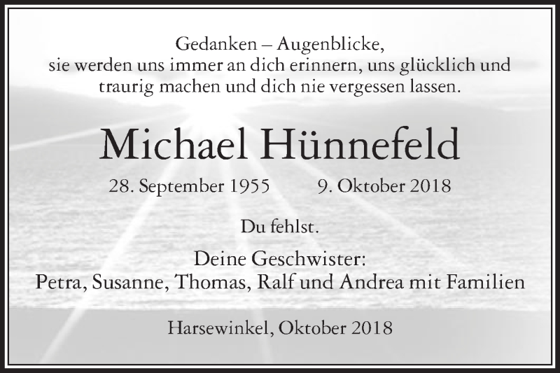  Traueranzeige für Michael Hünnefeld vom 11.10.2018 aus Die Glocke