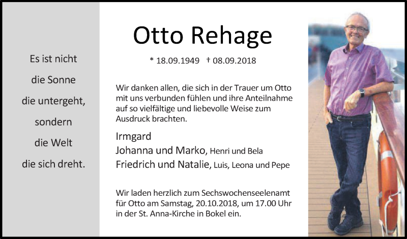  Traueranzeige für Otto Rehage vom 17.10.2018 aus Die Glocke