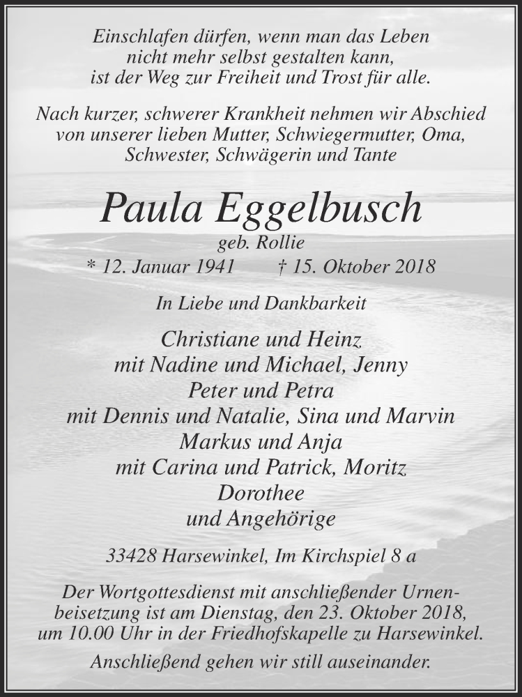  Traueranzeige für Paula Eggelbusch vom 18.10.2018 aus Die Glocke