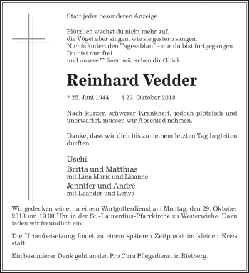 Traueranzeige von Reinhard Vedder von Die Glocke