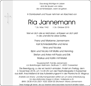 Traueranzeige von Ria Jannemann von Die Glocke