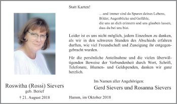 Traueranzeige von Roswitha Sievers von Die Glocke