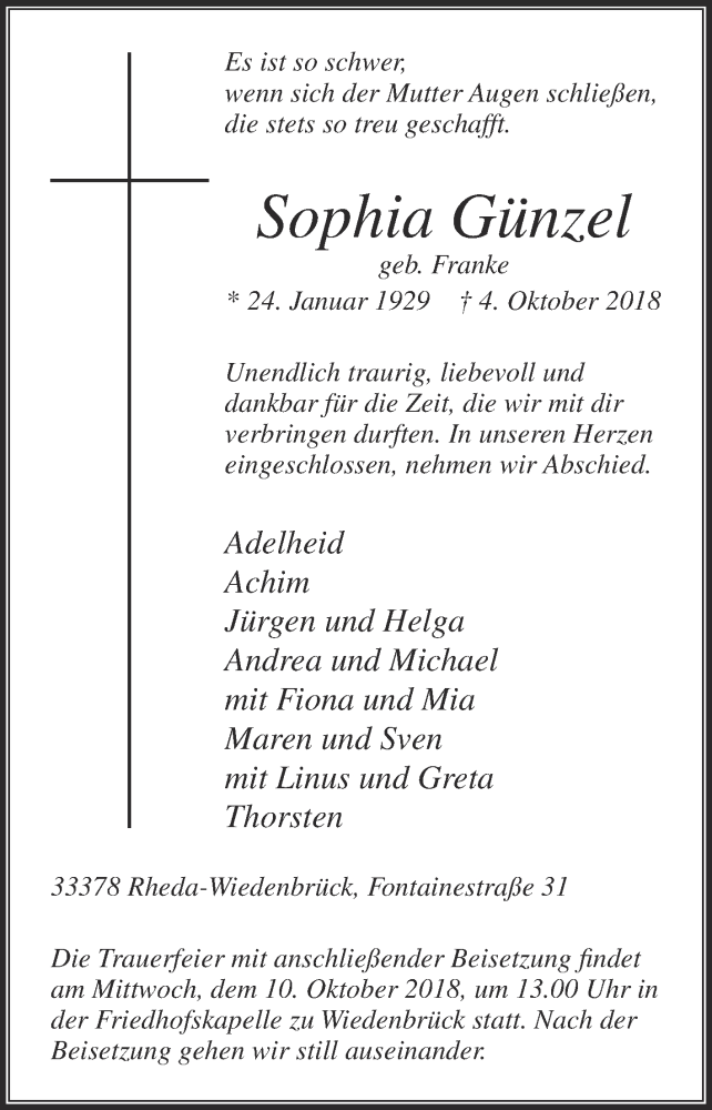  Traueranzeige für Sophia Günzel vom 06.10.2018 aus Die Glocke