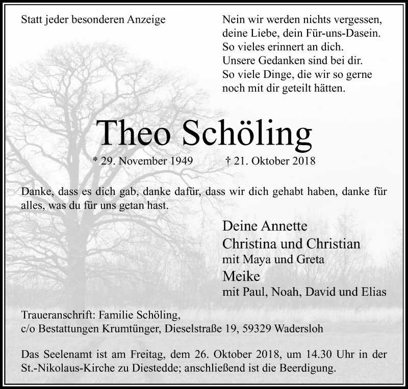  Traueranzeige für Theo Schöling vom 24.10.2018 aus Die Glocke