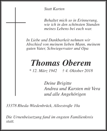Traueranzeige von Thomas Oberem von Die Glocke