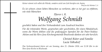 Traueranzeige von Wolfgang Schmidt von Die Glocke