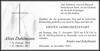 Traueranzeige von Alois Dahlmann von Die Glocke