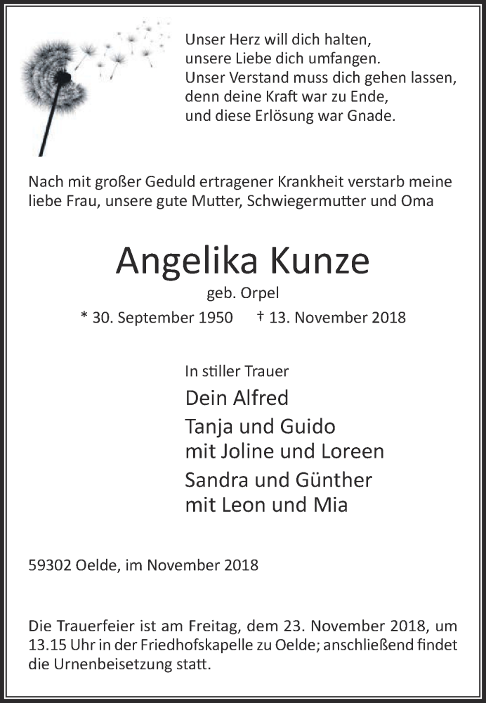  Traueranzeige für Angelika Kunze vom 17.11.2018 aus Die Glocke