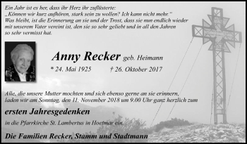 Traueranzeige von Anny Recker von Die Glocke