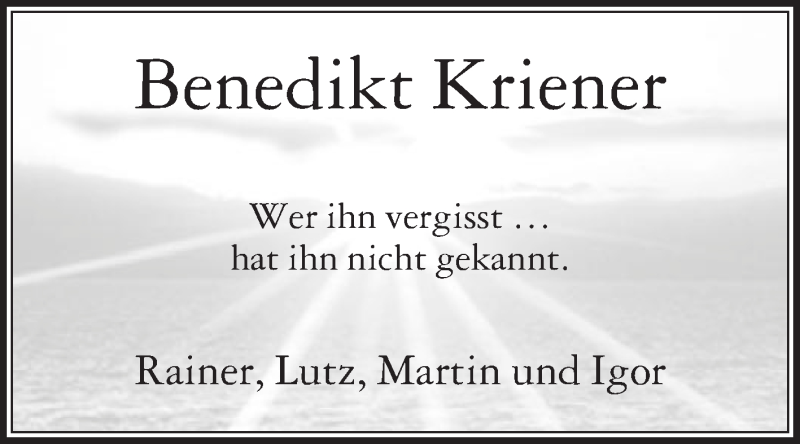  Traueranzeige für Benedikt Kriener vom 21.11.2018 aus Die Glocke
