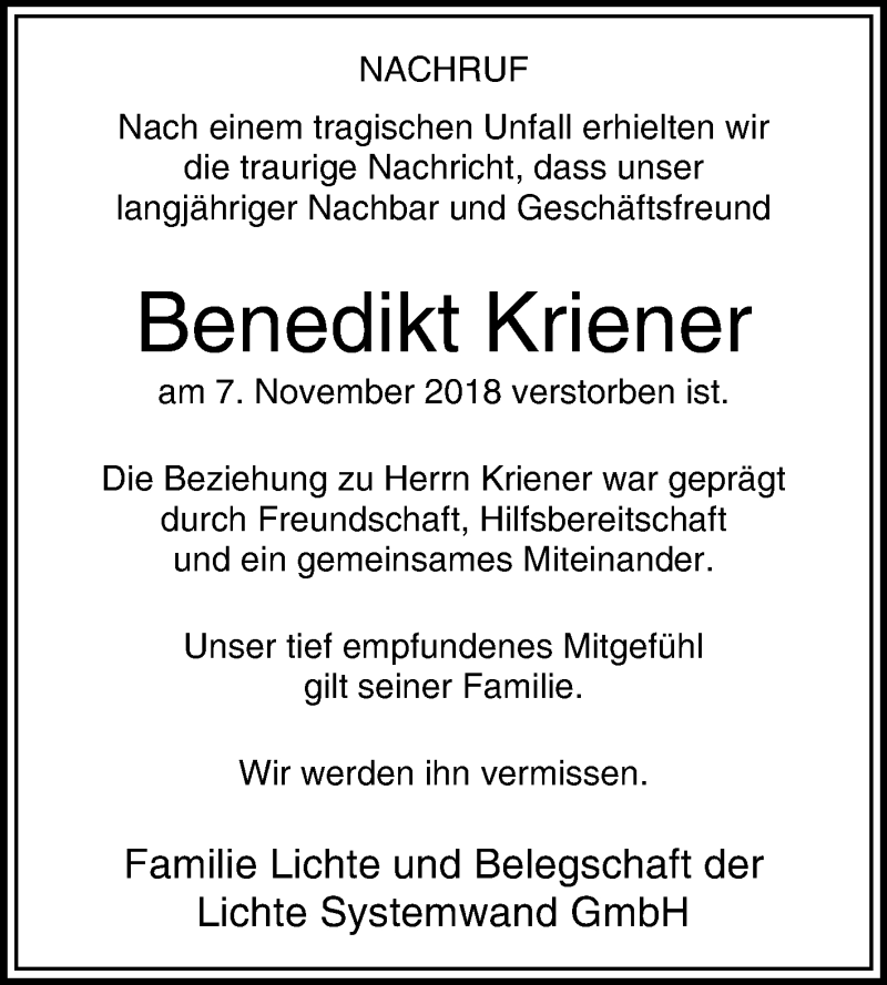  Traueranzeige für Benedikt Kriener vom 17.11.2018 aus Die Glocke