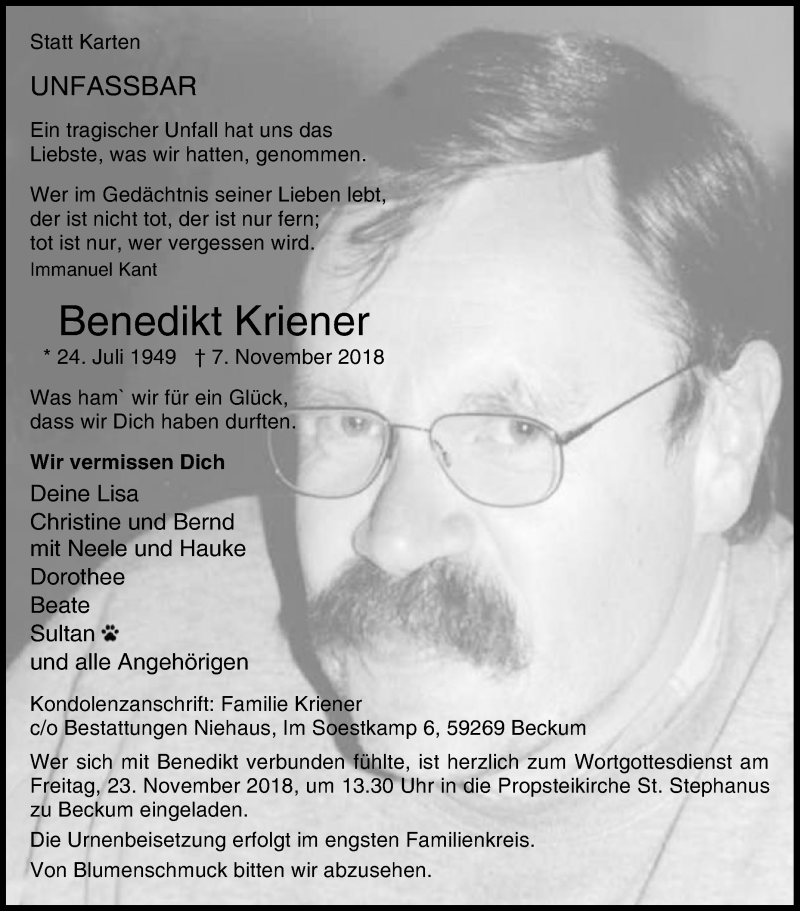  Traueranzeige für Benedikt Kriener vom 17.11.2018 aus Die Glocke