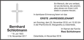 Traueranzeige von Bernhard Schlotmann von Die Glocke