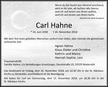 Traueranzeige von Carl Hahne von Die Glocke